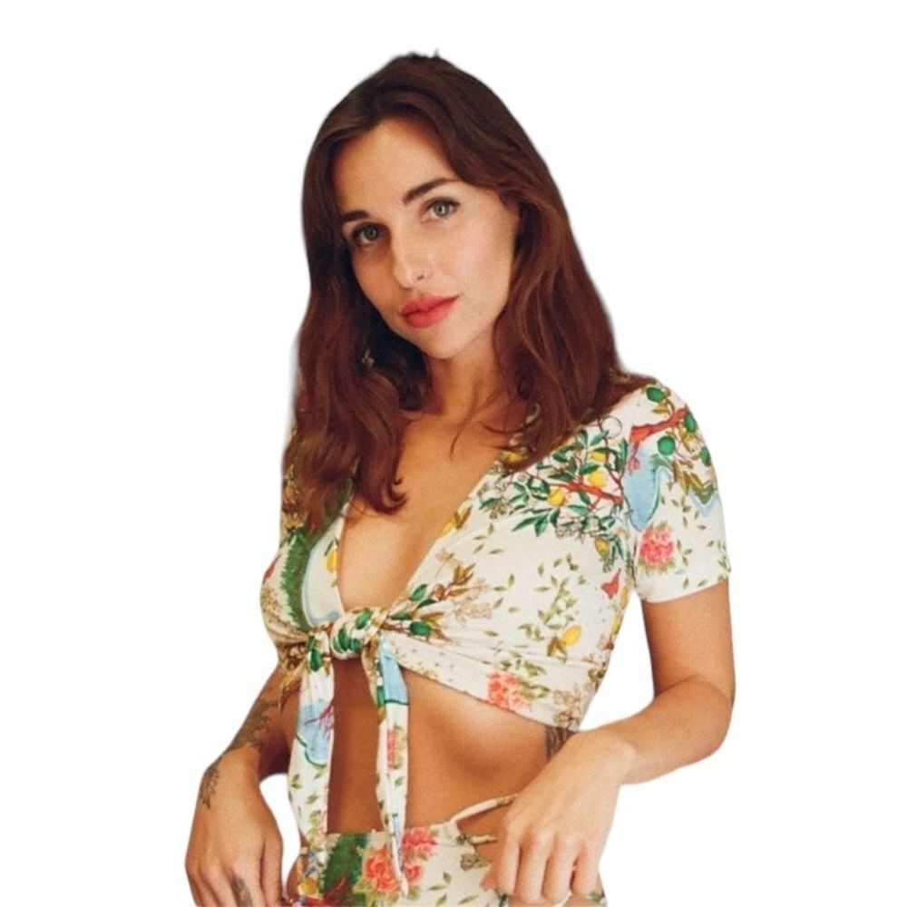 We Are Hah Free People All Tied Up Reversible Lemon Print Swim Top Tie Front